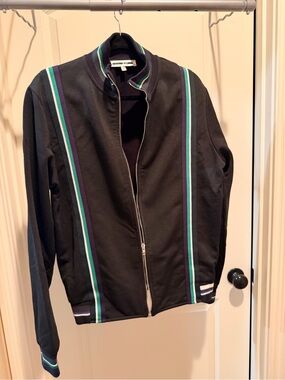 Alexander McQueen Black Bomber Jacket with Green & Teal Stripe Accents